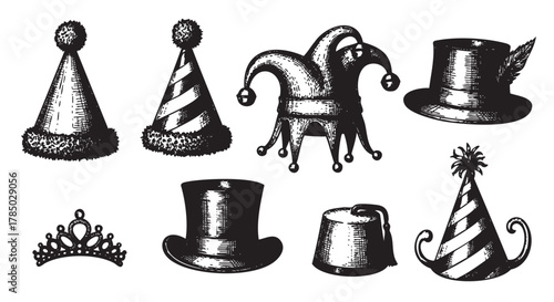 A set of eight black and white vintage hat illustrations including party, jester, top hats, a crown, and a fez, styled with intricate details.