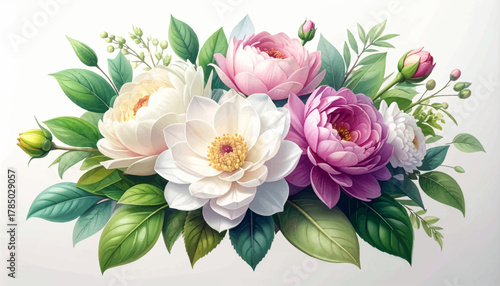 Peonies and roses blending in soft bouquet. Romantic pastel florals with fresh greens. Gentle peony rose mix in garden style. White–pink blooms shaping airy cluster. Elegant bouquet blooming in pastel