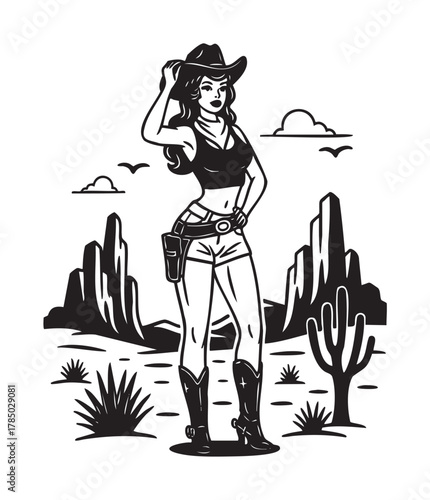 Female cowboy standing confidently in a western desert scene, wearing a hat, shorts, and boots, with a gun holster and surrounding cacti and mountains.