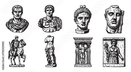 A collection of detailed ancient roman and greek sculptures, including busts and statues, intricately designed in black and white line art.