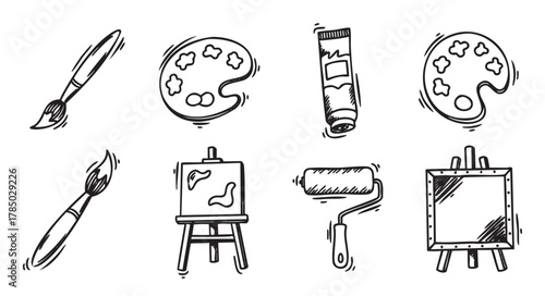 Hand-drawn black and white icons of art tools including paintbrushes, palettes, a paint tube, an easel, a roller, and a blank canvas.