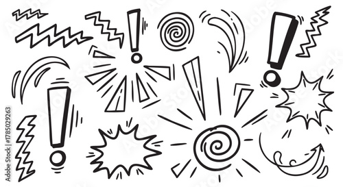 Various black doodle-style exclamation marks, spirals, and burst symbols arranged randomly on a white background.