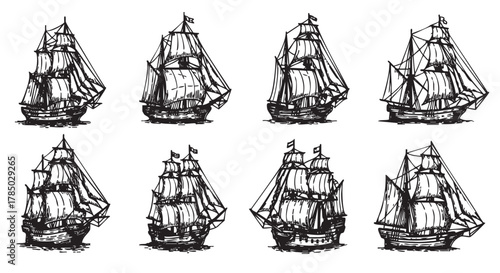 Eight intricately sketched sailing ships with multiple masts and sails, depicted in a collection of hand-drawn black line illustrations.