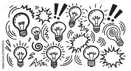 Black and white doodle-style illustration of multiple light bulbs and exclamation marks, symbolizing ideas and creativity through dynamic lines and shapes.
