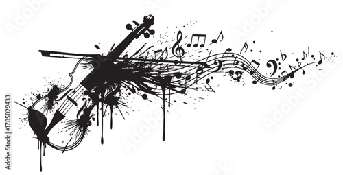 Black ink splash in the shape of a violin with flowing musical notes, symbolizing artistic expression and creativity.