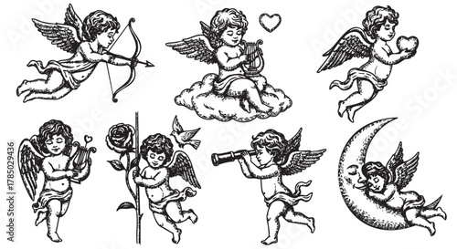 Black and white illustrations of cherubic angels playing musical instruments, holding a heart, and engaging in various charming activities with wings.