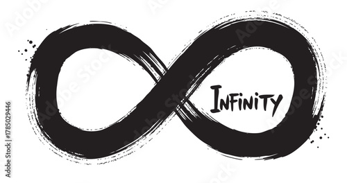 Artistic black brushstroke infinity symbol with stylized handwritten 'infinity' text on the right side.