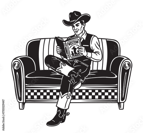 Male cowboy dressed in western attire reading a magazine while sitting on a patterned sofa.