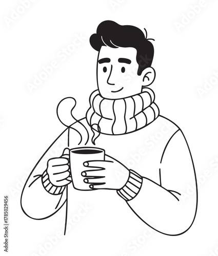 Black and white cartoon illustration of a young caucasian male wearing a cozy scarf and sweater, holding a steaming cup with a content expression.