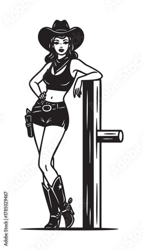 Black and white illustration of a female cowgirl with long hair and a hat, leaning against a wooden post, dressed in a tank top, shorts, and cowboy boots.