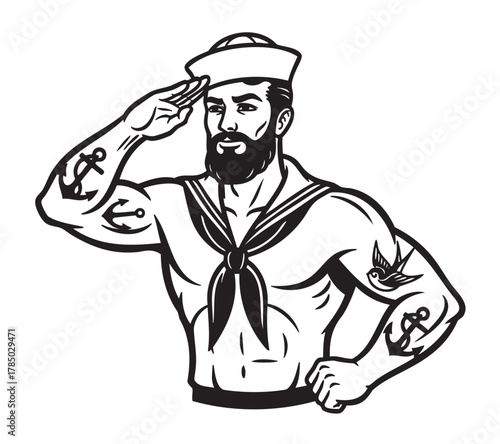 Black and white illustration of a muscular male sailor with tattoos saluting while wearing a sailor hat and uniform neckerchief.