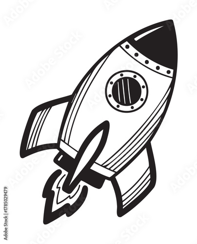Black and white outline of a simple rocket ship with circular window and flame detail, emphasizing space travel and exploration themes.