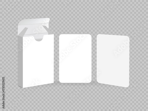 Open box of playing cards. 3d mockup of blank playing cards for poker and board games. Playing cards box mock up on white background with perspective view vector illustration 