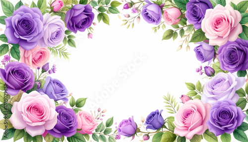 Purple rose frame with lush greenery. Pastel blossoms forming clean border. Romantic floral edge surrounding space. Soft rose bouquet shaping corner frame. Botanical wreath of purple roses