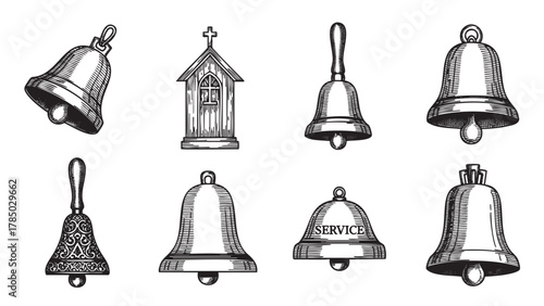 Eight different detailed black and white sketches of bells and a church silhouette, showcasing various designs including service and ornate patterns.