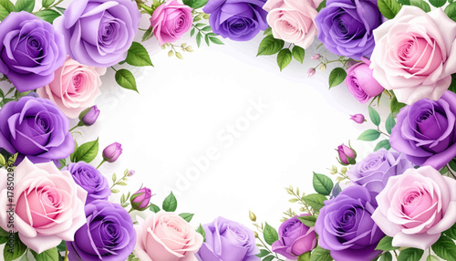 Purple rose ring framing clean space. Pastel bouquet shaping soft border. Garden roses circling white center. Elegant floral wreath in purple tones. Charming bloom frame with light leaves