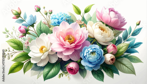 Pastel peonies and roses blooming softly. Romantic florals in airy bouquet. Soft pastel garden cluster with leaves. Fresh peony rose mix in bright tone. Blooming bouquet with pastel harmony