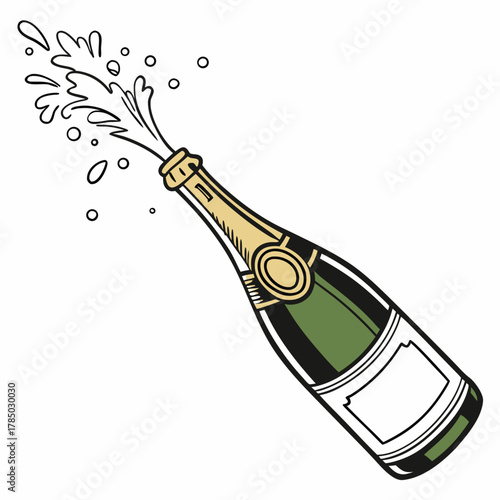 A bottle of champagne is opened with a pop, spraying bubbly liquid