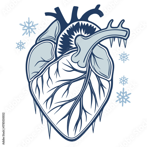 A frozen heart with icicles and snowflakes, symbolizing coldness and emotional detachment