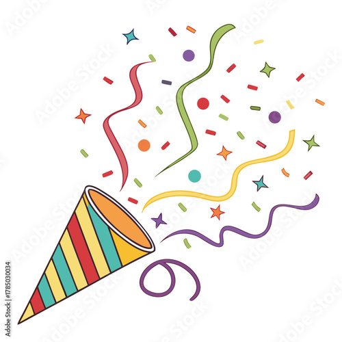 A festive party popper, bursting with colorful confetti and streamers for celebration