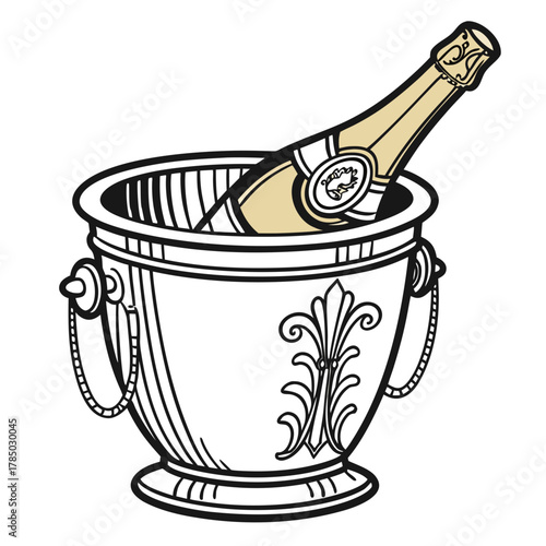 A bottle of champagne sits in an ice bucket, ready to be served