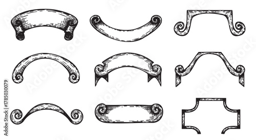 Nine vintage-style hand-drawn banner and ribbon designs, each with intricate details and decorative edges, ideal for invitations or design embellishments.