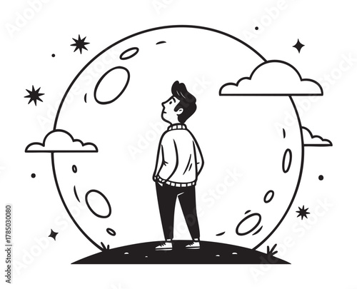Black and white illustration of a young male standing on a hill, gazing at a large moon surrounded by clouds and stars in a night sky.