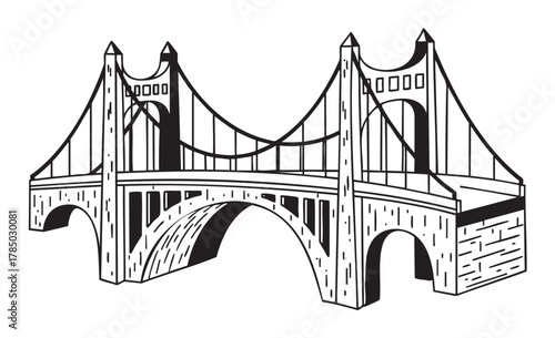 Black outline illustration of a suspension bridge with dual towers and arched supports. minimal design suitable for architecture and infrastructure concepts.
