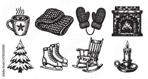 Hand-drawn vintage illustrations of winter essentials, including a mug, blanket, mittens, fireplace, tree, ice skates, rocking chair, and candle.