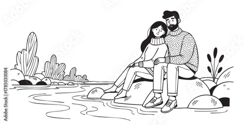 Black and white illustration of a couple sitting on rocks beside a river, both wearing sweaters, depicting a serene outdoor scene.