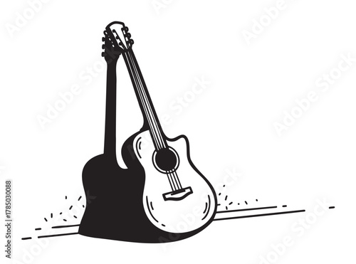 Black and white sketch of an acoustic guitar leaning on a surface, casting a distinct shadow, with minimal linear details.
