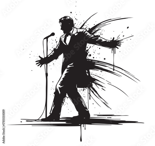 Black ink-style silhouette of a male singer in a dynamic pose holding a microphone on a stand, with expressive splashes and strokes emphasizing movement.