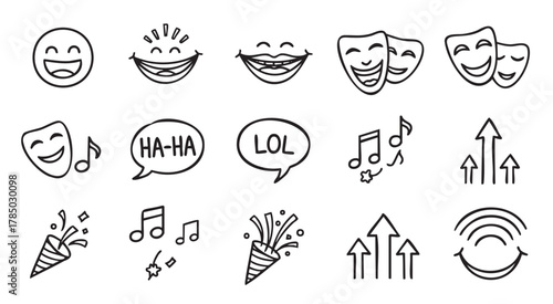 Collection of hand-drawn black outline icons featuring smiling faces, comedy masks, laughing expressions, music notes, and upward arrows for entertainment themes.