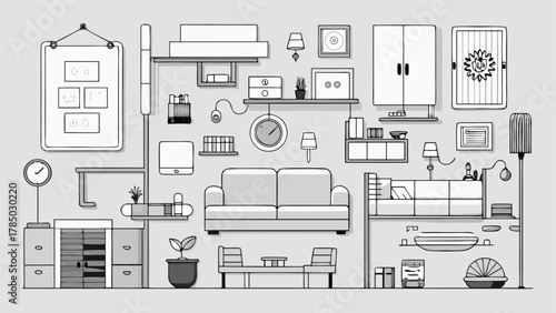 A drawing featuring a collection of furniture and accessories arranged aesthetically..eps