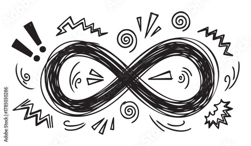 Artistic black and white sketch of an infinity symbol surrounded by dynamic abstract elements, including arrows, exclamation marks, and zigzags.