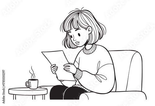Black and white illustration of a young caucasian female sitting on a couch, reading a letter, with a steaming coffee cup on a nearby table.