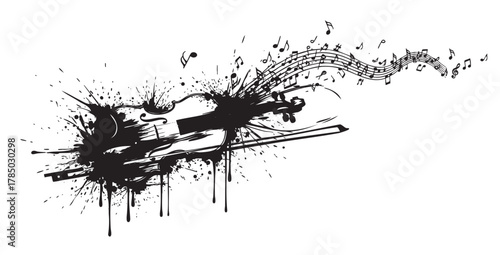 Black ink splatter forms an abstract violin with flowing musical notes emanating from its strings, creating a dynamic sense of sound and movement.