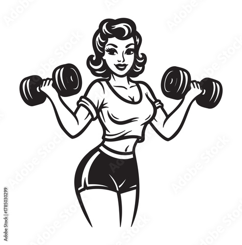 Black and white illustration of a young caucasian female holding dumbbells, showcasing a retro fitness style with a confident pose and vintage hairstyle.