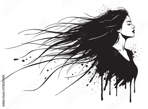 Black and white silhouette of a young female with long flowing hair and an artistic dripping effect.