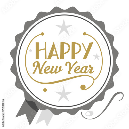 Happy new year badge with stars and ribbons, perfect for holiday greetings
