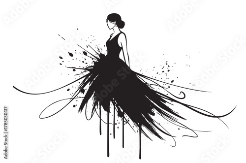 Elegant black ink silhouette of a young caucasian female in a long flowing dress, with artistic splatter detailing.