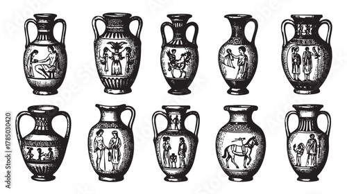 Set of ten intricately designed ancient greek amphorae, each featuring detailed black classical illustrations depicting various figures and scenes.