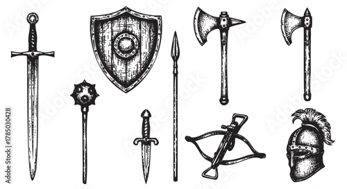 Black and white vintage-style illustration featuring various medieval weapons, including swords, axes, a shield, a spear, a mace, a crossbow, and a knight's helmet.
