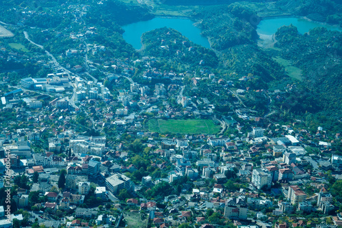 Obraz na płótnie Krujë, Albania – November 2, 2025 – A view of Kruja town from the slopes of Mount Kruja, showing the historic hillside settlement and surrounding landscape
