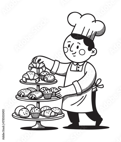 Black and white cartoon of a male pastry chef, wearing a chef's hat and apron, arranging croissants and cupcakes on a tiered stand.