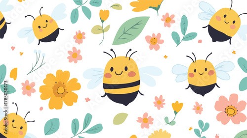 A cute cartoon seamless vector pattern features bees, butterflies, ladybugs, and flowers for a cheerful spring and summer nature design
