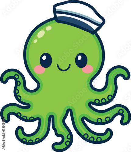 Adorable and whimsical cartoon illustration of a smiling octopus wearing a sailor hat, isolated on a white background