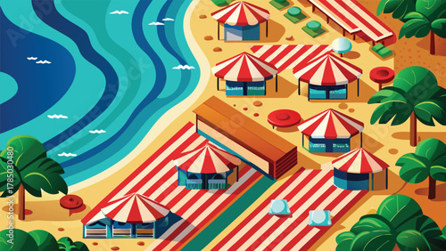 Vector map of a tropical island resort, highlighting amenities, pathways, and natural features for visitors..eps