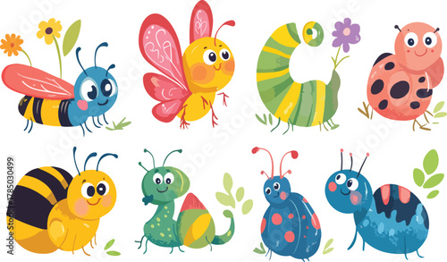 Cute vector illustration set of happy Easter eggs and flowers with a funny bird and ladybug character