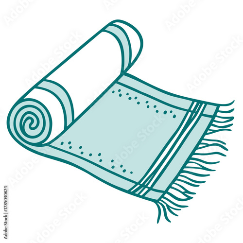 Illustration of a rolled up light blue beach towel with stripes and fringe